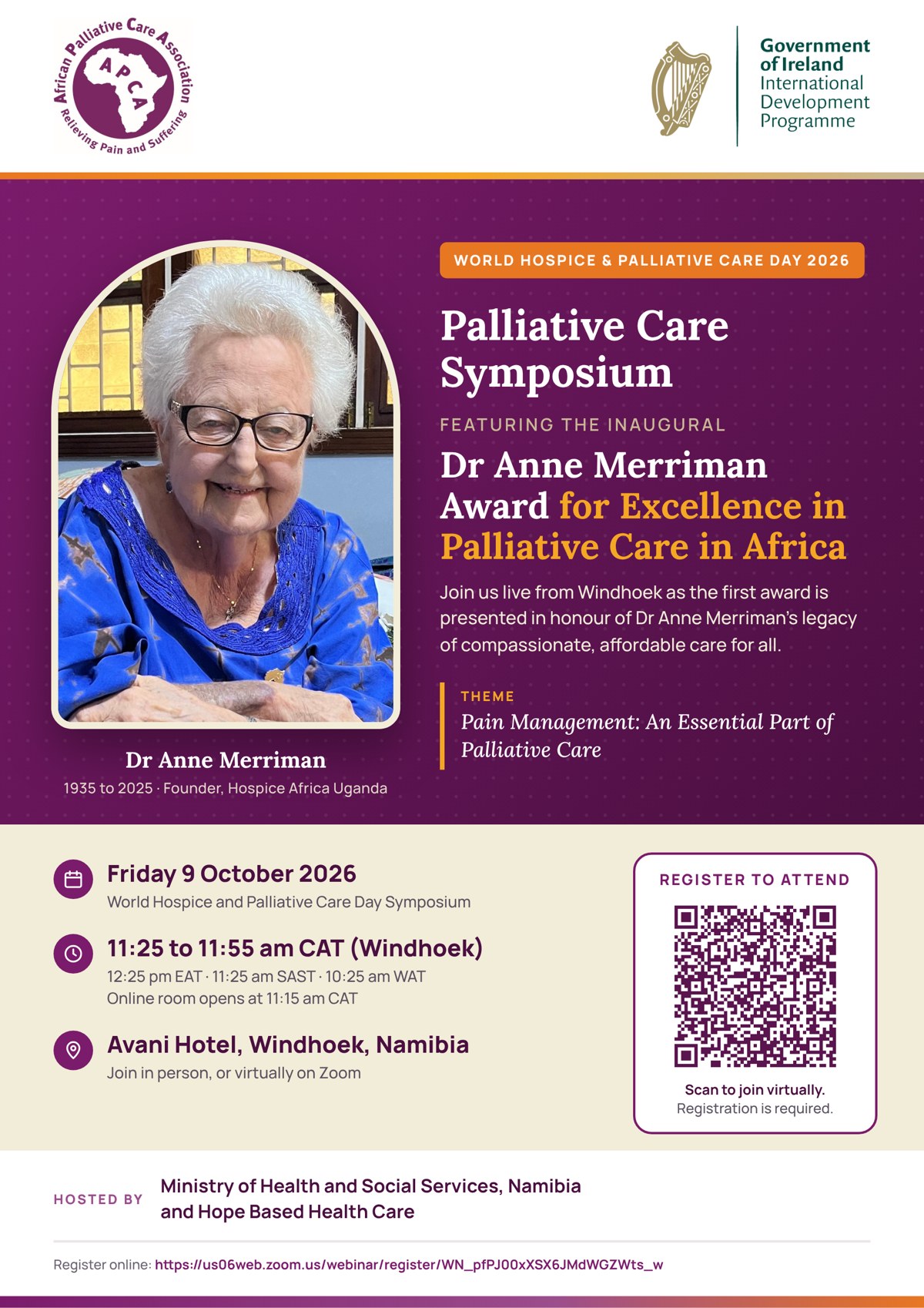Flyer: World Hospice and Palliative Care Day 2026 Palliative Care Symposium featuring the inaugural Dr Anne Merriman Award, Friday 9 October 2026, 11:25 am CAT, Avani Hotel, Windhoek, with a registration QR code
